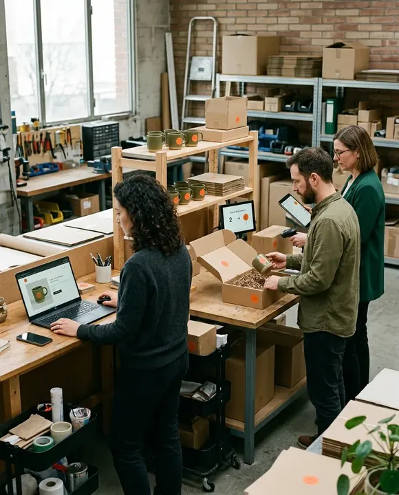 Une équipe relie catalogue, commande, paiement, stock, logistique et service client dans un parcours e-commerce sobre.