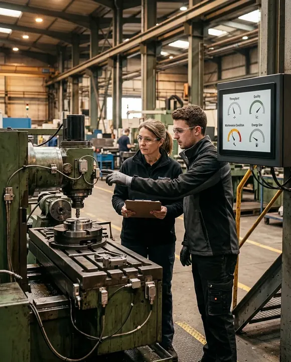Des données issues des équipements relient production, qualité, maintenance et consommation d’énergie dans un atelier industriel.