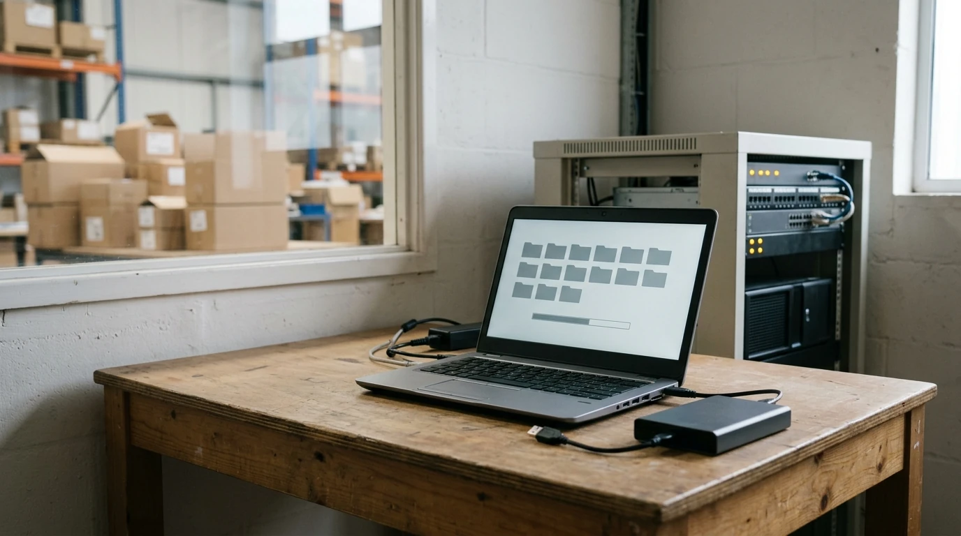 Un disque de sauvegarde relié à un ordinateur, à côté d’une baie informatique dans des bureaux donnant sur un entrepôt.