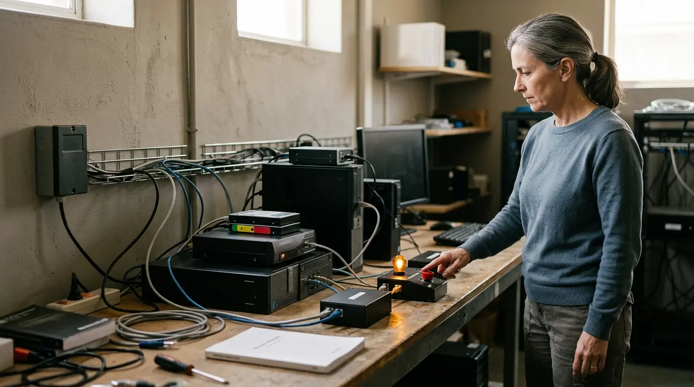 Une femme actionne un bouton près d’équipements informatiques câblés sur un établi.