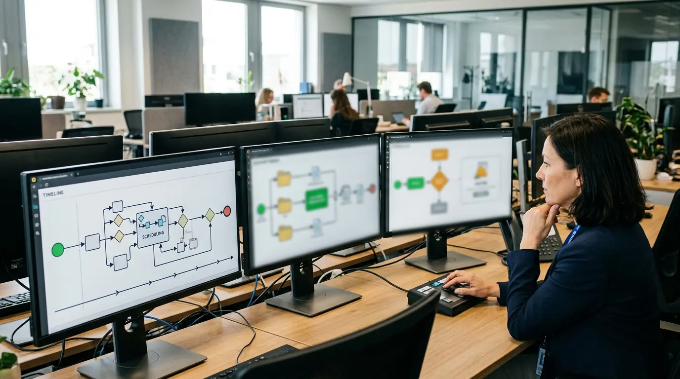 Une femme consulte des diagrammes de processus sur trois écrans dans un bureau partagé.