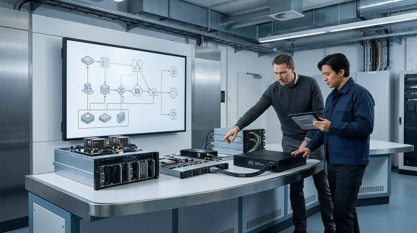 Deux personnes devant des équipements informatiques ouverts sur une table et un écran portant un schéma d’architecture.
