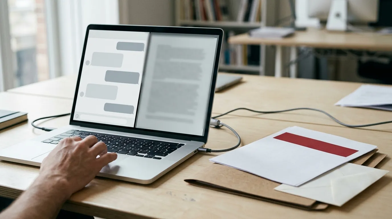 Un écran partagé montre une interface de chat IA sur la gauche et un document marqué confidentiel à droite.
