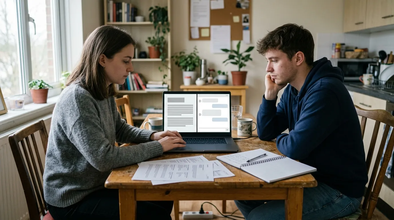 Deux jeunes diplômés consultent des offres d'emploi sur un écran partagé entre un traitement de texte et un assistant IA.