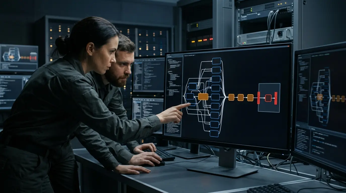 Deux personnes examinent un diagramme sur un écran, devant des baies informatiques.