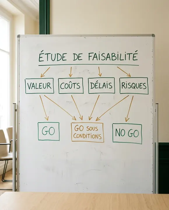 Tableau d’étude de faisabilité reliant valeur, coûts, délais et risques aux décisions Go, Go sous conditions ou No Go