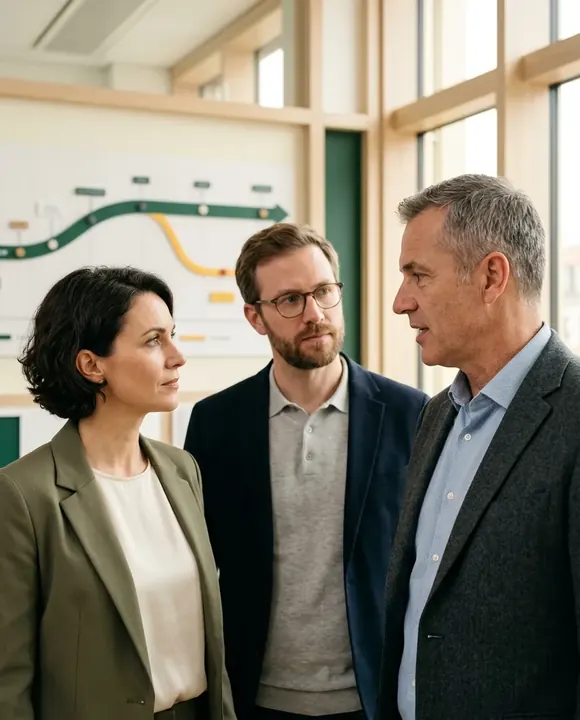 Un directeur de projet coordonne les responsables métier et technique autour d’un arbitrage de trajectoire
