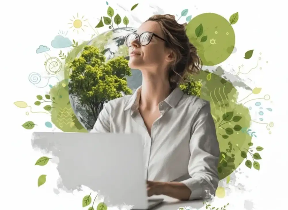 Une professionnelle utilise un ordinateur dans un environnement évoquant un numérique soutenable.