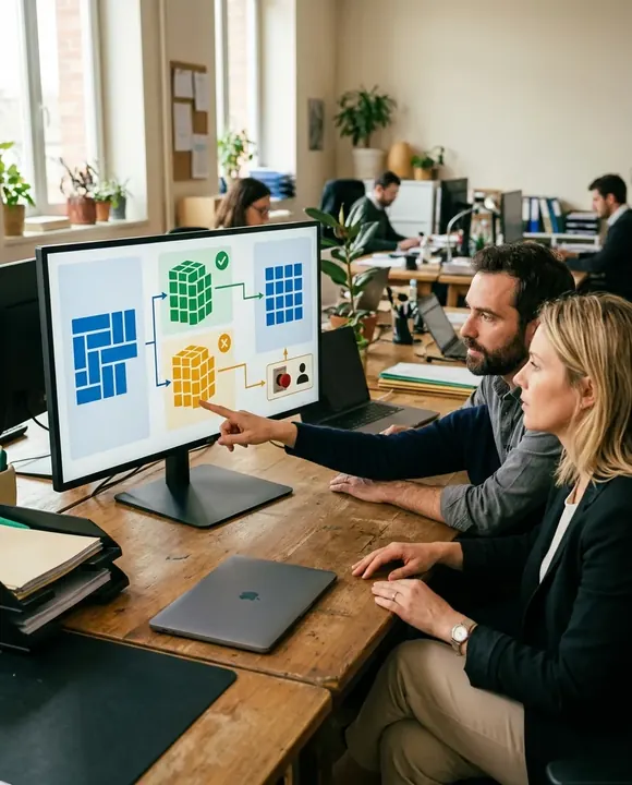 Une équipe évalue un usage d’intelligence artificielle relié aux données et outils de l’entreprise avant son intégration.
