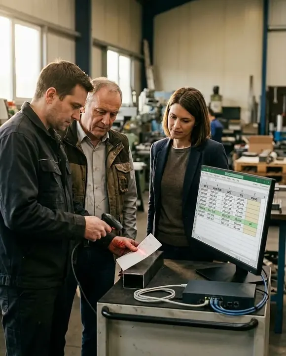 Une responsable opérationnelle et un consultant vérifient qu’une étape métier enregistrée au poste de travail est correctement transmise au système numérique